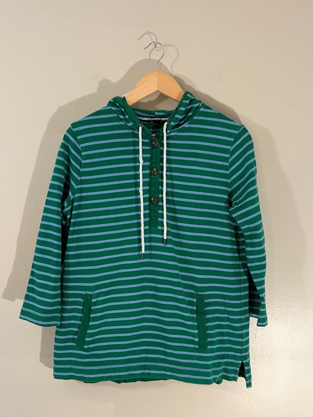 Lands' End Green Blue Striped Hooded Sweatshirt Coastal Beach Surf Seaside